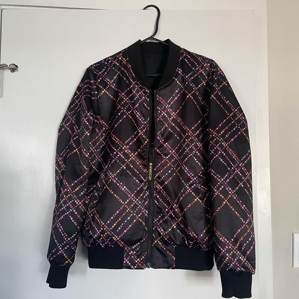 Apple WWDC 2020 Reversible emoji Plaid Bomber Jacket in Pink